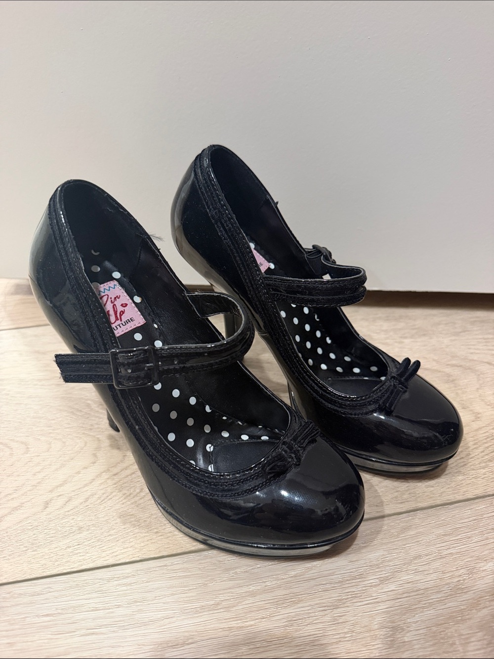 Pinup Couture Black Patent Mary Jane Heels with Polka Dot Insole
